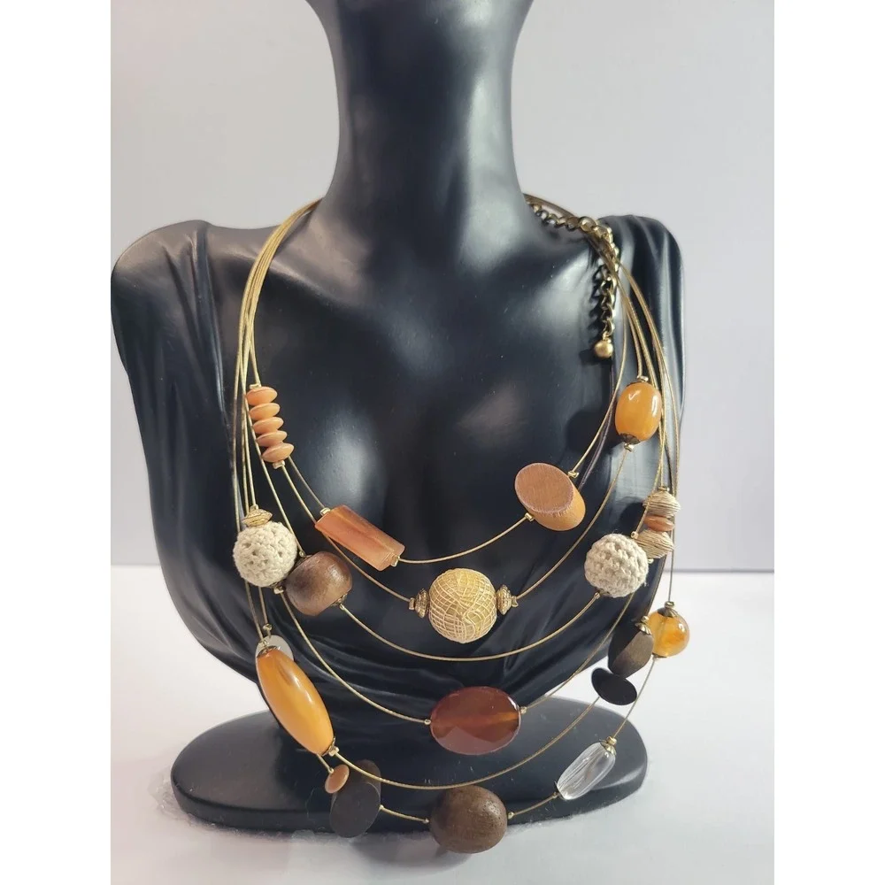 Chico's Multi Strand Beaded Necklace Brown Tan Orange Statement Boho Jewelry